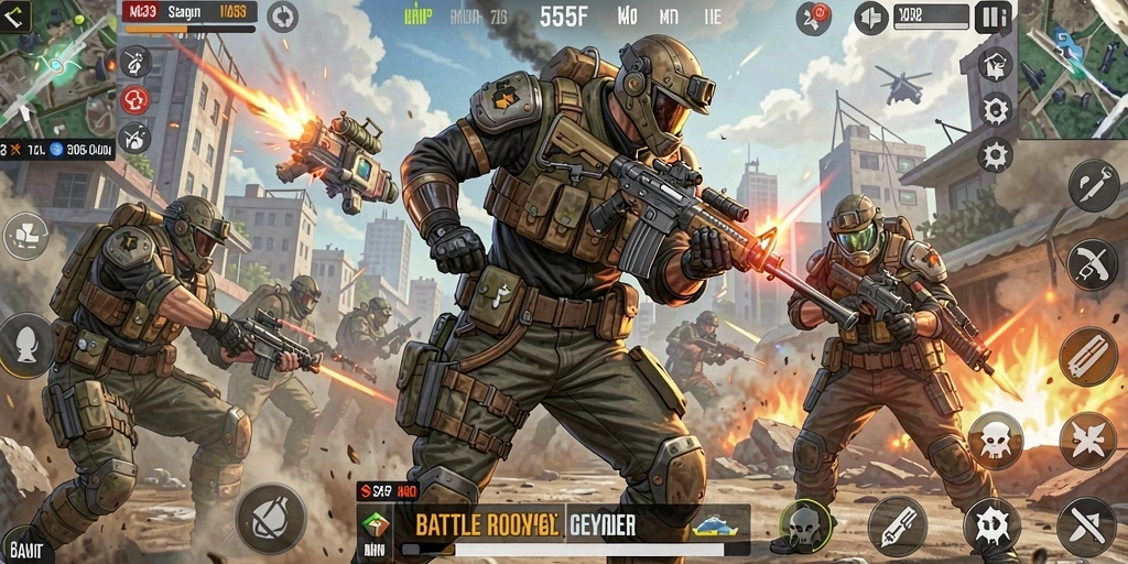 Gameplay mendebarkan dalam pertarungan Battle Royale 555F.