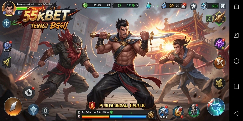 Tangkapan layar gameplay 55KBET menampilkan pertarungan yang intens dan mendebarkan.