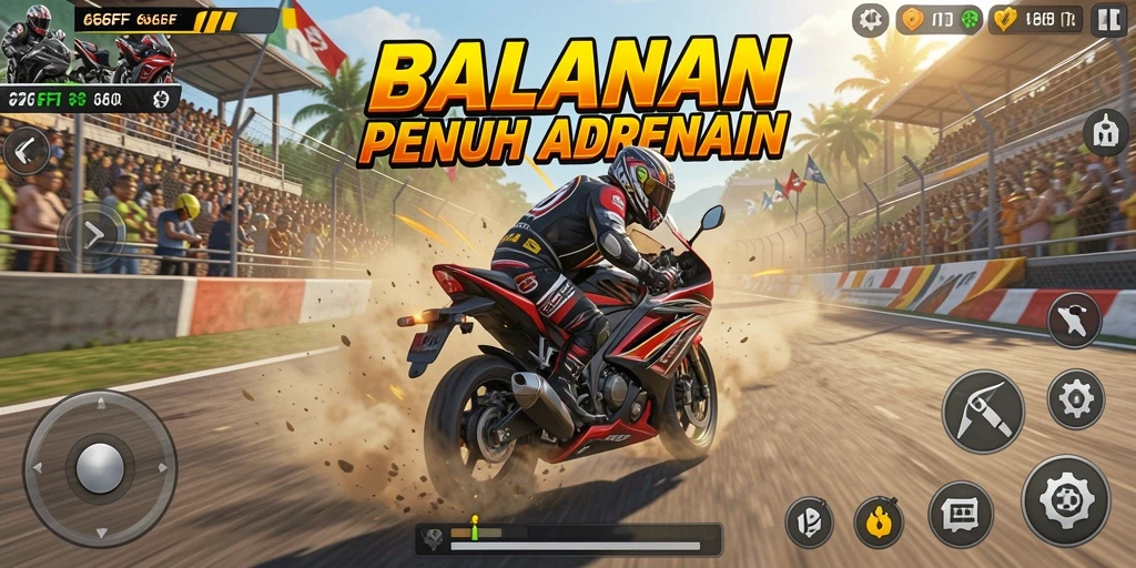 Gameplay mendebarkan dengan balapan motor yang cepat dan penuh tantangan.
