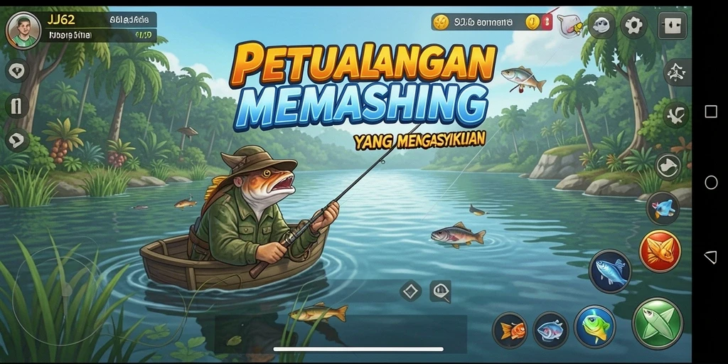 Tampilan gameplay JJ62 dengan ikan dan perahu memancing yang cantik.