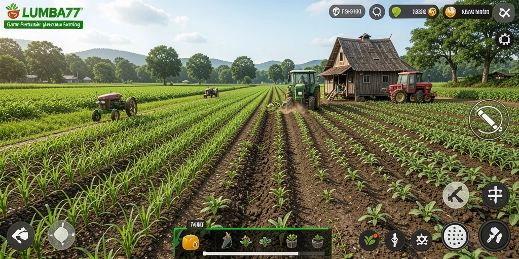 Screenshot gameplay menampilkan taman pertanian yang hijau dan subur.
