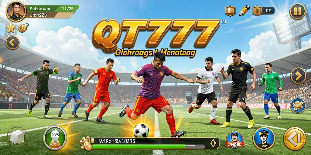 Screenshot utama QT777 menampilkan aksi seru di lapangan olahraga.