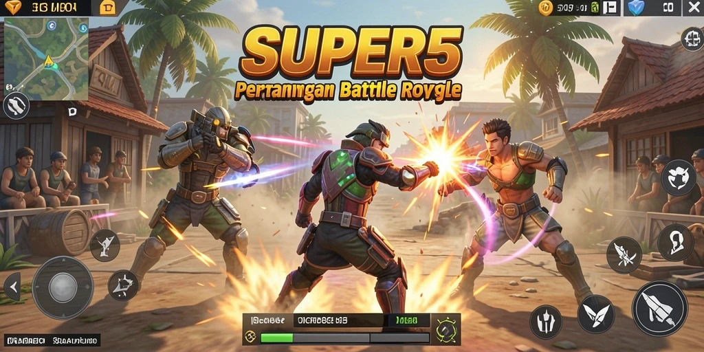 Gameplay intens di arena Battle Royale SUPER5.