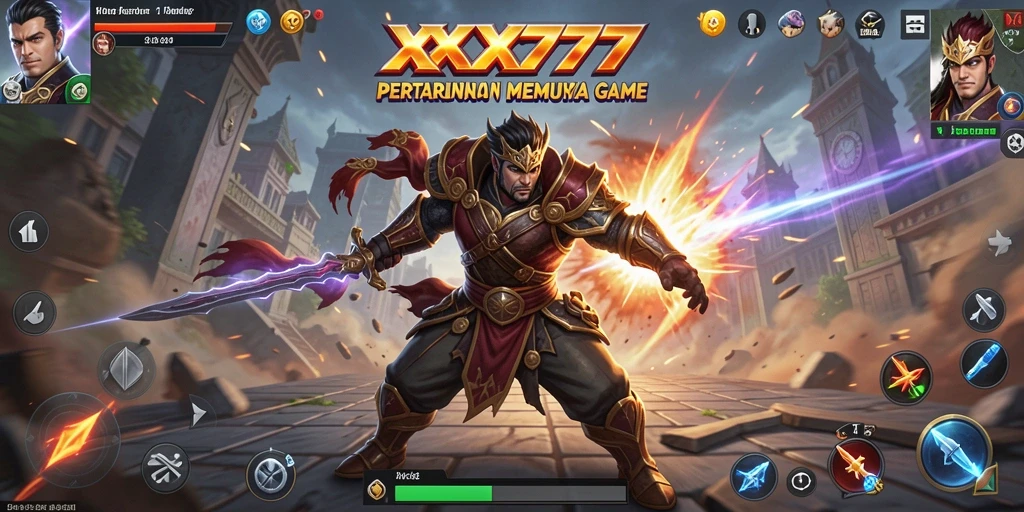 Screenshot gameplay XXX777 menampilkan pertarungan yang mendebarkan antara dua karakter.